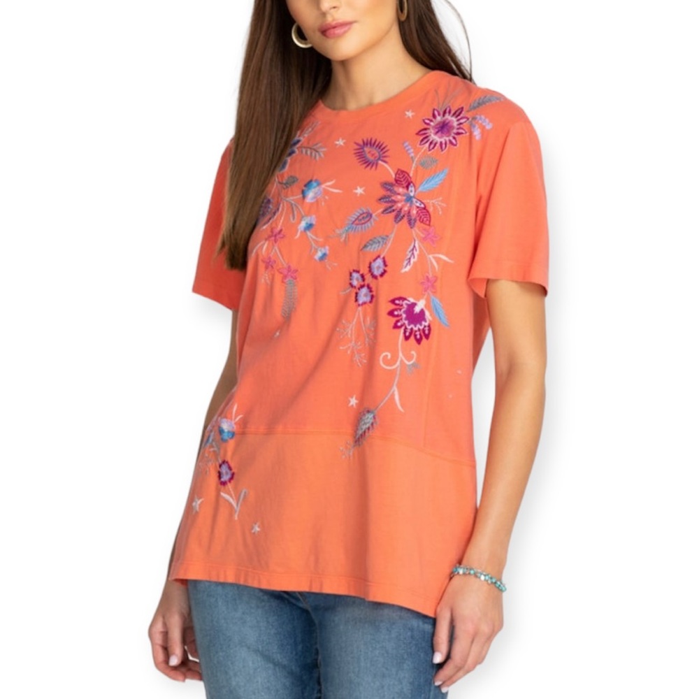 JOHNNY WAS Phoebe Short Sleeve Relaxed Tee Living Coral Embroidered TShirt